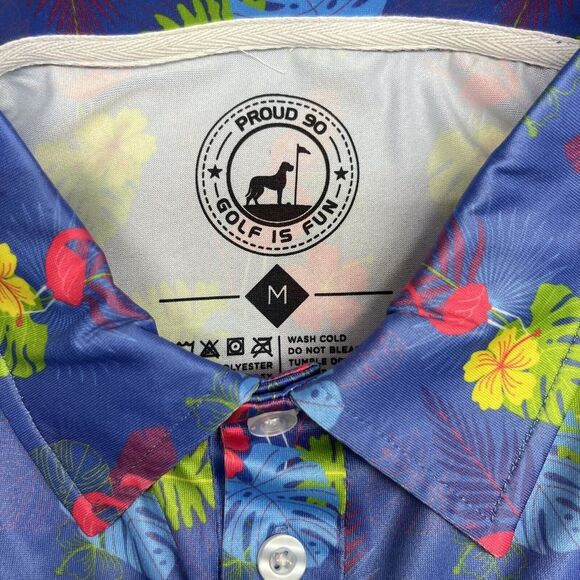 Proud 90 Men's Polo Shirt Golf is Fun Hawaiian Floral Flamingos Size Medium euc - Picture 3 of 5